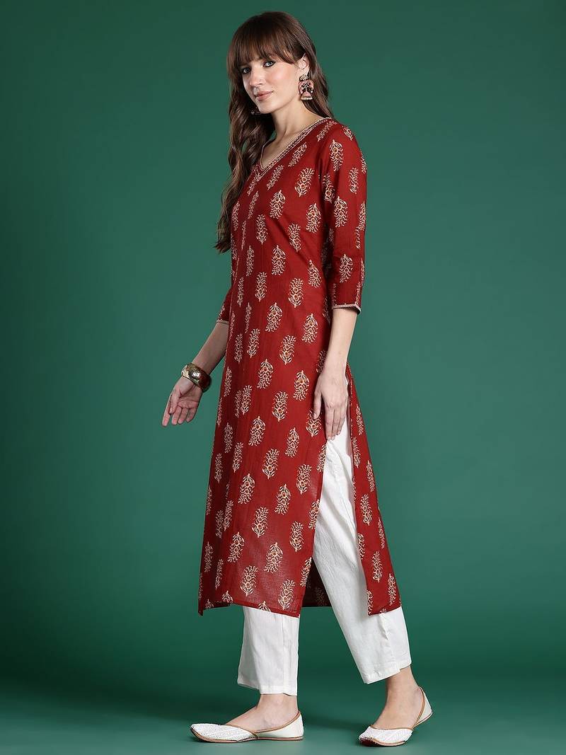 Maroon ethnic motifs printed pure cotton kurta