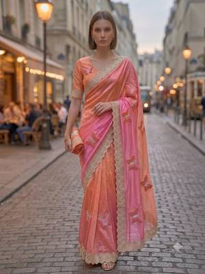 Peach silk blend embroidered saree with gota patti 1