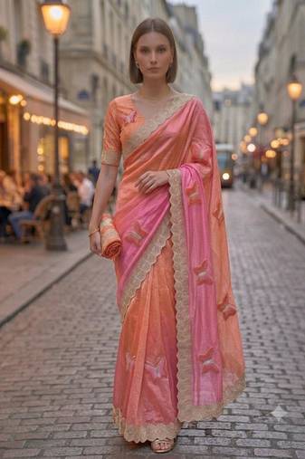 Peach silk blend embroidered saree with gota patti