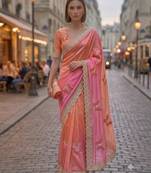 Peach silk blend embroidered saree with gota patti