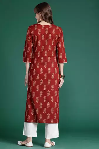 Maroon ethnic motifs printed pure cotton kurta