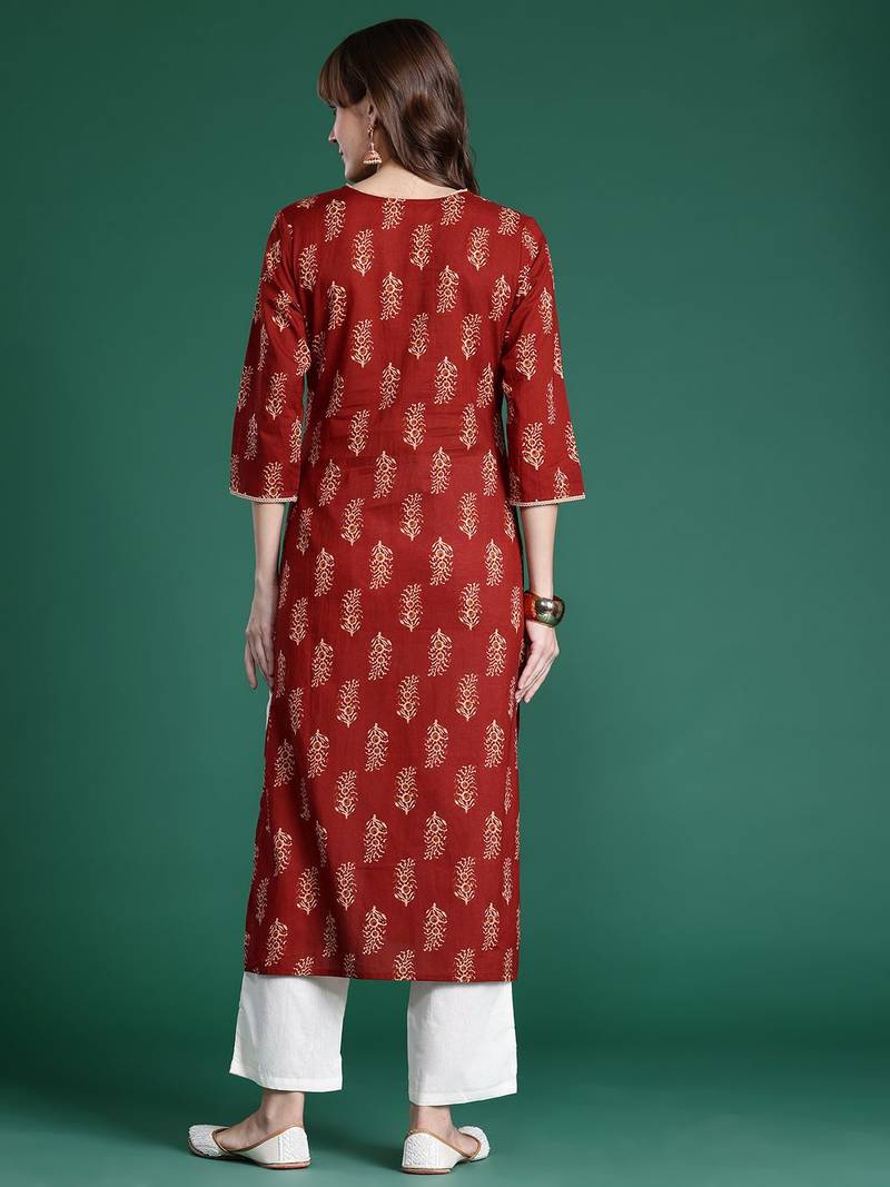 Maroon ethnic motifs printed pure cotton kurta