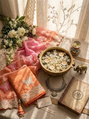 Peach silk blend embroidered saree with gota patti 2