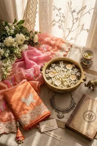Peach silk blend embroidered saree with gota patti