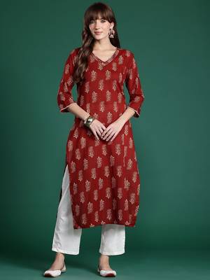 Maroon ethnic motifs printed cotton kurta 5
