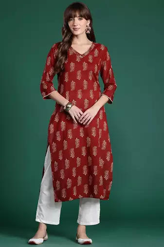 Maroon ethnic motifs printed pure cotton kurta