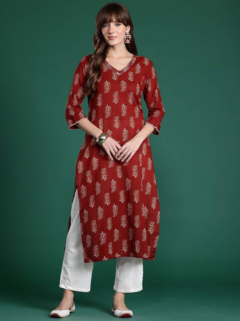 Maroon ethnic motifs printed pure cotton kurta