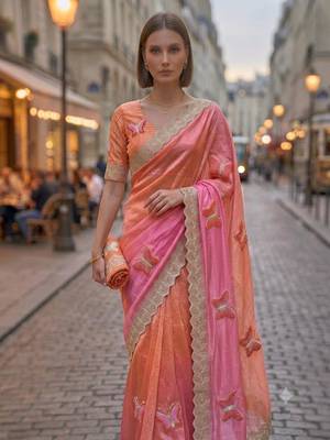 Peach silk blend embroidered saree with gota patti 3
