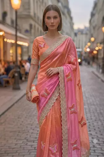 Peach silk blend embroidered saree with gota patti