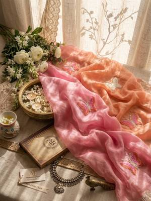 Peach silk blend embroidered saree with gota patti 4