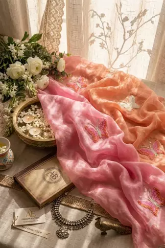 Peach silk blend embroidered saree with gota patti