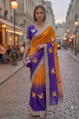 Blue silk blend embroidered saree with gota patti