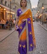 Blue silk blend embroidered saree with gota patti