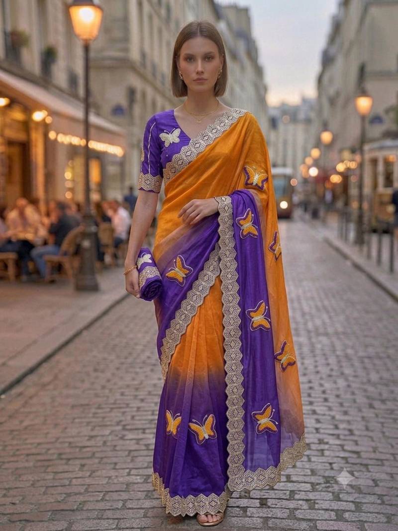 Blue silk blend embroidered saree with gota patti