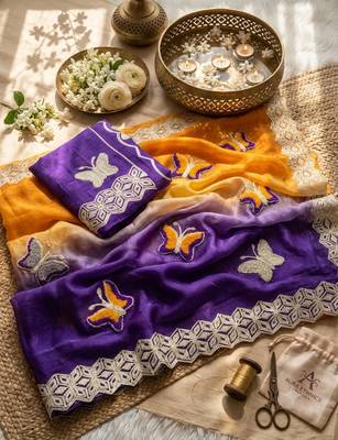 Blue silk blend embroidered saree with gota patti 2