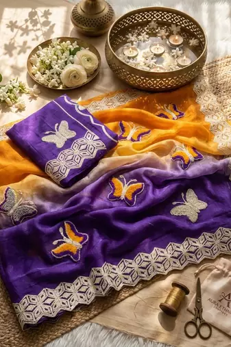 Blue silk blend embroidered saree with gota patti