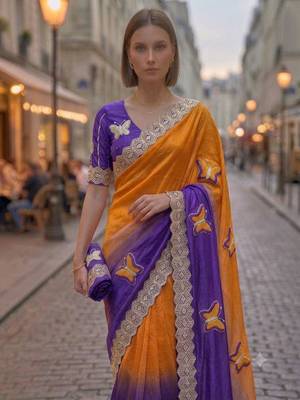 Blue silk blend embroidered saree with gota patti 3