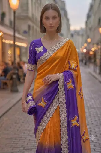 Blue silk blend embroidered saree with gota patti
