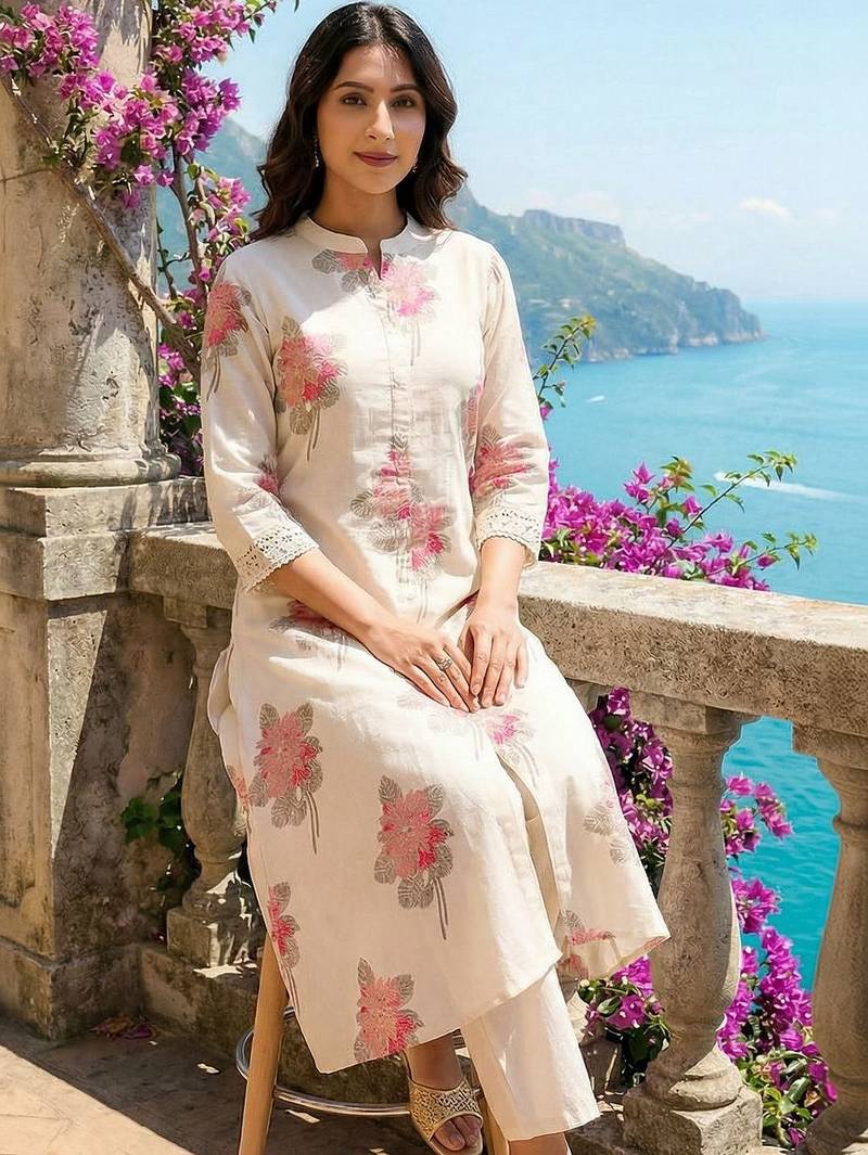 Off white women floral printed floral kurta