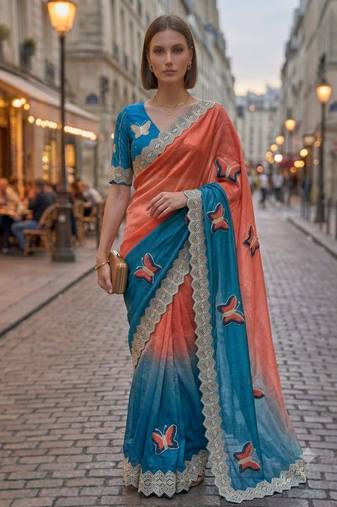 Teal silk blend embroidered saree with gota patti