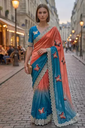 Teal silk blend embroidered saree with gota patti