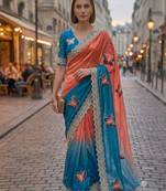 Teal silk blend embroidered saree with gota patti
