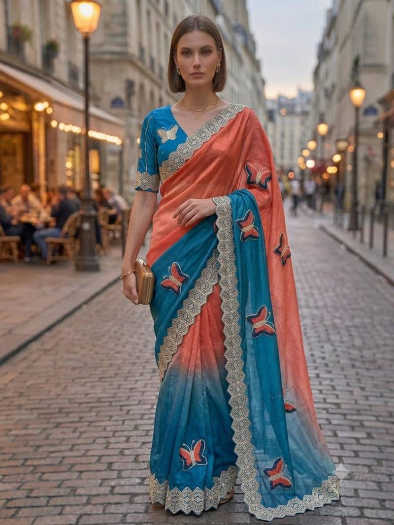 Teal silk blend embroidered saree with gota patti