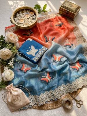 Teal silk blend embroidered saree with gota patti 2