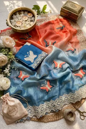 Teal silk blend embroidered saree with gota patti