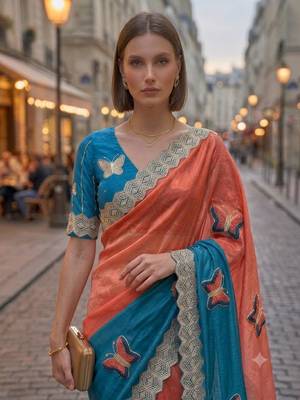 Teal silk blend embroidered saree with gota patti 3