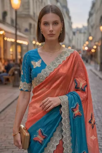 Teal silk blend embroidered saree with gota patti