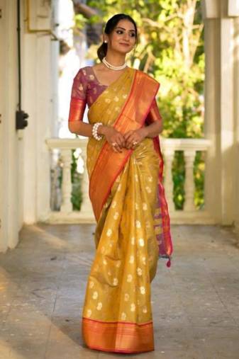 Mustard art silk printed saree with zari work