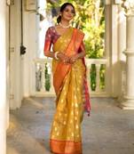 Mustard art silk printed saree with zari work