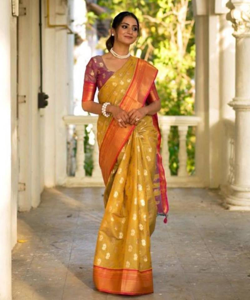 Mustard art silk printed saree with zari work