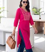Pink women ethnic motifs embroidered thread work kurta