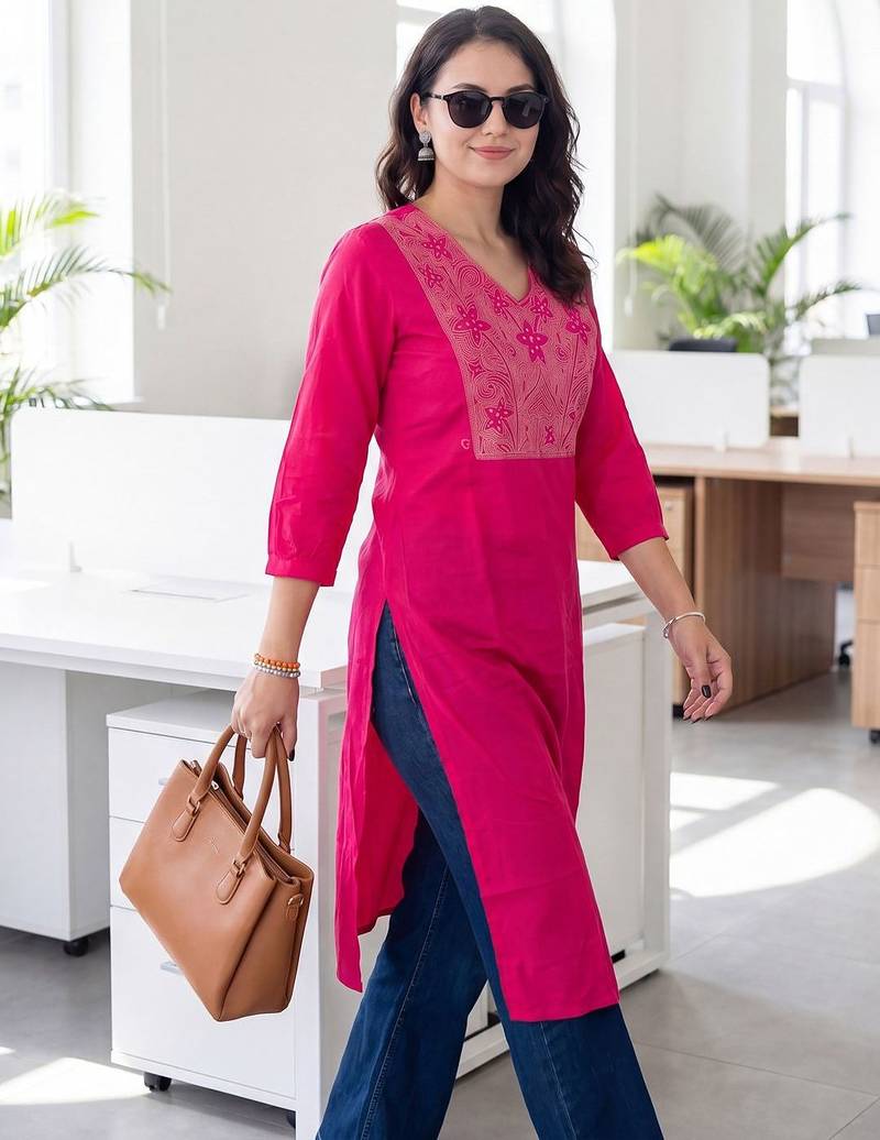 Pink women ethnic motifs embroidered thread work kurta