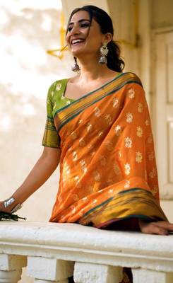 Mustard art silk printed saree with zari work 2