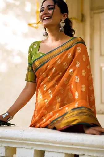 Mustard art silk printed saree with zari work