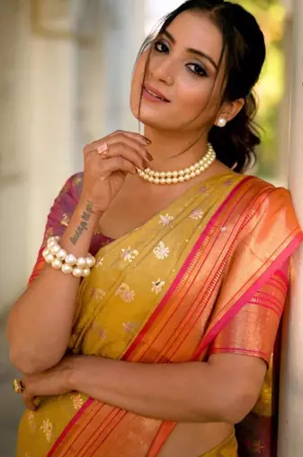 Mustard art silk printed saree with zari work