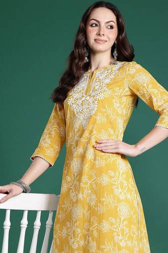 Yellow women floral embroidered thread work kurta