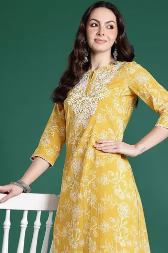 Yellow women floral embroidered thread work kurta