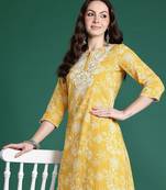 Yellow women floral embroidered thread work kurta