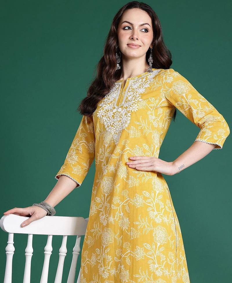 Yellow women floral embroidered thread work kurta