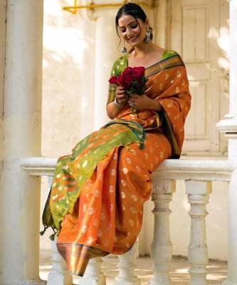 Mustard art silk printed saree with zari work 4