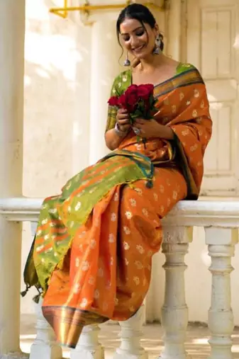 Mustard art silk printed saree with zari work