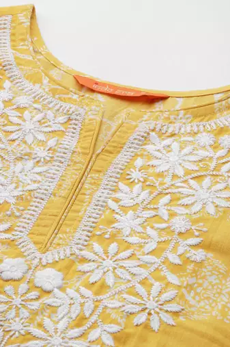 Yellow women floral embroidered thread work kurta