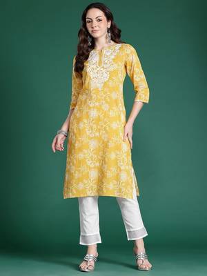 Yellow women floral embroidered thread work kurta 3