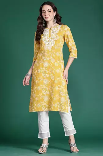 Yellow women floral embroidered thread work kurta