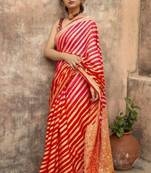 Red art silk printed saree with stripes print