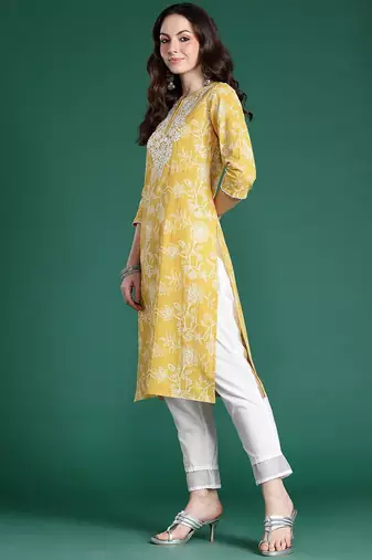 Yellow women floral embroidered thread work kurta